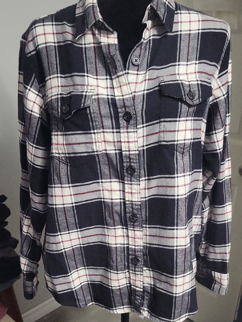 Tilley Medium Button Up Black/White/Red Plaid Top